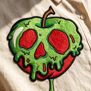 Poison Skull Apple Iron On Patch, Evil Queen Apple Embroidered Badge, Wicked Halloween Jacket Patches