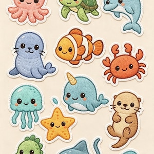 May include: A collection of twelve embroidered iron-on patches featuring various sea creatures including an octopus, turtle, dolphin, seal, clownfish, crab, jellyfish, narwhal, starfish, otter, seahorse, and stingray, all with white borders.
