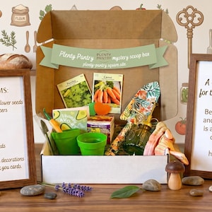May include: A cardboard box labeled Plenty Pantry mystery scoop box containing gardening supplies including two green pots, seed packets for parsley and carrots, a glass plant mister, a metal garden spade, and gloves, flanked by two framed signs.