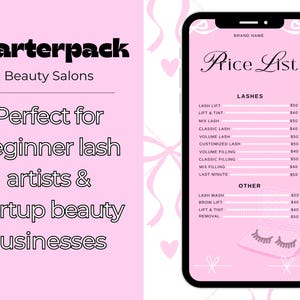 May include: A pink graphic with the text "Starterpack Beauty Salons" and "Perfect for beginner lash artists & startup beauty businesses." A smartphone displays a pink price list for lash services.
