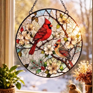 Cardinal Stained Glass Suncatcher, Red Bird Memorial Gift, Two Cardinals Window Hanging, Sympathy Remembrance Decor, Glass Bird Ornament