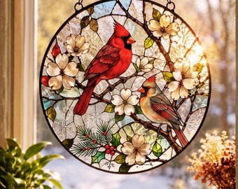 Cardinal Stained Glass Suncatcher, Red Bird Memorial Gift, Two Cardinals Window Hanging, Sympathy Remembrance Decor, Glass Bird Ornament