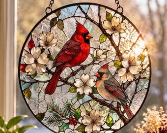 Capteur de soleil Cardinal Couple en verre | Tenture murale Deux cardinaux | Cadeau commémoratif et anniversaire Love Birds | Ornement de style vitrail