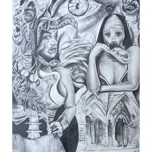 Op de afbeelding: Een gedetailleerde potloodtekening in grijstinten met twee figuren: een met slangen als haar en de ander in een nonnenhabijt. Het kunstwerk bevat architecturale en surrealistische elementen.