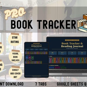 May include: A digital book tracker and reading journal template for Google Sheets and Excel. The display shows a laptop and tablet screen with a dark interface, featuring book shelves, star ratings, reading goals, and statistics. Text includes PRO BOOK TRACKER, Book Tracker & Reading Journal, and INSTANT DOWNLOAD.