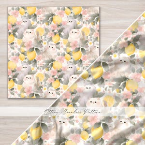 Watercolor Cat Lemon Seamless Pattern, Cherry Blossom Kitten Digital Paper, Sweet Citrus Floral Fabric Design for Commercial Use JPG File