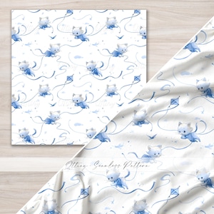 Watercolor Flying Anime Cat Kite Seamless Pattern, Kawaii Kitten Ribbon Digital Paper, Pastel Sky Manga Fabric Design for Commercial Use