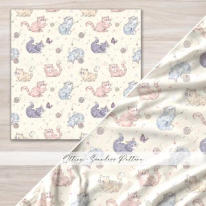 Flauschige Kätzchen Spielen Garn Musterdesign, Aquarell Verspielt Wollknäuel Katze Digitales Papier, Strick Projekt Tasche Stoff-Design Werbung