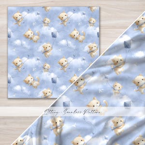 Watercolor Cat Kite Seamless Pattern, Pastel Blue Sky Kitten Digital Paper, Whimsical Dreamy Nursery Fabric Design Commercial Use JPG