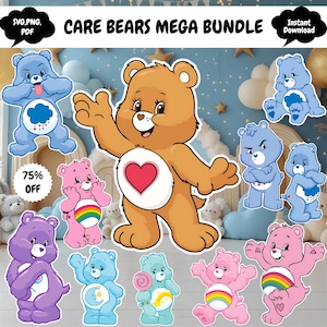 May include: A digital Care Bears Mega Bundle featuring various Care Bears in different poses and colors. The image includes the text "Care Bears Mega Bundle", "SVG.PNG.PDF", "Instant Download", and "75% OFF".