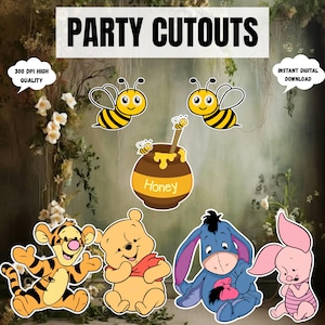 May include: Party cutouts featuring cartoon characters including a yellow and black striped bee, a brown honey pot with the text Honey, a tiger, a yellow bear, a blue donkey, and a pink piglet. Includes text 300 DPI HIGH QUALITY and INSTANT DIGITAL DOWNLOAD.
