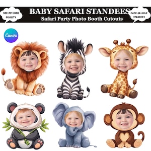 Könnte beinhalten: Eine Sammlung von sechs Baby-Safari-Standees für Fotokabinen. Die Standees zeigen Tierdesigns wie Löwe, Zebra, Giraffe, Panda, Elefant und Affe. Jedes Standee hat ein Face-in-Hole-Design für Kinder. Der Text "Baby Safari Standees" ist im Bild enthalten.