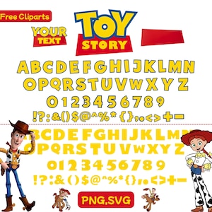 Op de afbeelding: Een digitale afbeelding met het "Toy Story"-logo, een compleet geel alfabet, cijfers en symbolen. De afbeelding bevat Woody- en Jessie-personages en de tekst "PNG, SVG".