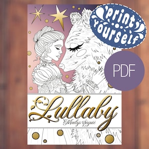 Op de afbeelding: Zwart-wit illustratie van een vrouw en een wolf, met het woord "Lullaby" in gouden script. De afbeelding bevat de tekst "Print Yourself" en "PDF". De achtergrond is een verloop van roze en paars met gouden sterren en cirkels.