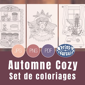 Op de afbeelding: Een set van drie zwart-wit kleurplaten met de teksten "JPG", "PNG" en "PDF" linksonder. De tekst "Print Yourself" staat rechtsonder. De woorden "Automne Cozy Set de coloriages" staan onderaan.