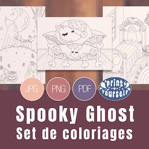 Op de afbeelding: Een set van drie zwart-wit kleurplaten met spookachtige spookthema's. De afbeeldingen bevatten geesten, vleermuizen en pompoenen. De tekst "Spooky Ghost Set de coloriages" wordt hieronder weergegeven, samen met JPG-, PNG- en PDF-pictogrammen.