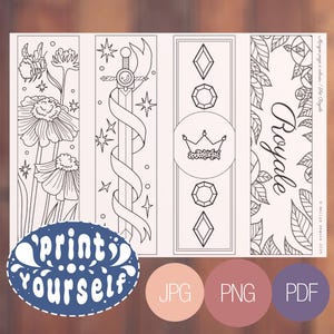 Op de afbeelding: Zwart-witte bladwijzers met bloemen-, zwaard-, edelsteen- en kroonontwerpen. Het woord "Royale" is verticaal geschreven. Bevat een "Print Yourself"-logo en opties voor JPG-, PNG- en PDF-formaten.
