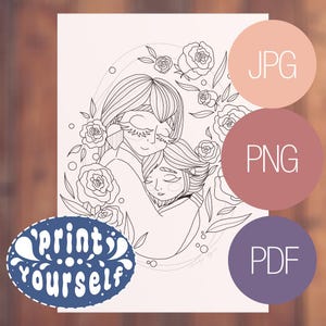 Op de afbeelding: Zwart-wit lijntekening van twee figuren die elkaar omarmen, omringd door rozen en bladeren. De afbeelding bevat de tekst "print yourself" in een blauwe ovaal, en drie gekleurde cirkels met de teksten "JPG", "PNG" en "PDF".