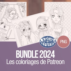 Op de afbeelding: Een bundel kleurplaten met gedetailleerde illustraties van vrouwen in vintage kleding. De afbeeldingen zijn zwart-wit lijntekeningen, met de tekst "BUNDLE 2024" en "Les coloriages de Patreon" onderaan. Een "Print Yourself" sticker is ook zichtbaar.