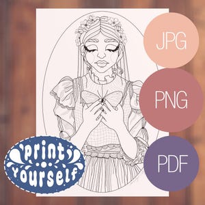 Op de afbeelding: Zwart-wit lijntekening van een vrouw met een bloemenkrans, die een vlinder vasthoudt. De afbeelding bevat de tekst "print yourself" in een blauwe ovaal, en de woorden "JPG", "PNG" en "PDF" in aparte cirkels.