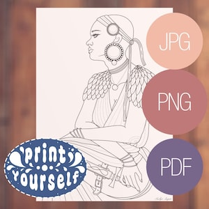 Op de afbeelding: Zwart-wit illustratie van een vrouw in profiel, versierd met grote oorbellen en een hoofdtooi. De afbeelding bevat de tekst "print yourself" in een blauwe ovaal, en de bestandstype opties "JPG", "PNG" en "PDF" in gekleurde cirkels.