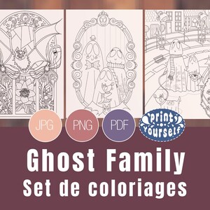 Op de afbeelding: Een set van drie zwart-wit kleurplaten met een vleermuis, een spookfamilie in een decoratief frame en spoken in een stadsgezicht. De afbeelding bevat de tekst "Ghost Family Set de coloriages" en bestandstype-iconen.