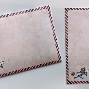 May include: Two blank envelopes with red, white, and blue stripes around the edges. Each envelope has a cartoon illustration of a mail carrier running with a bag and a letter.