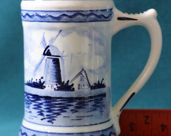 Vintage Delft Blau Bierkrug Becher | Handbemalter Windmühlen holländischer Keramik Bierkrug