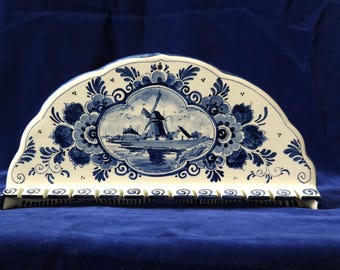 Vintage Delft Blue Ceramic Spoon Rack – Hand-Painted Windmill Wall Decor, Made in Holland