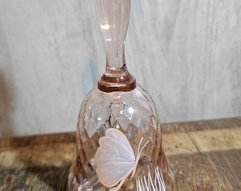 Vintage Fenton Pink Opalescent Art Glass Bell with Hand-Painted Butterfly