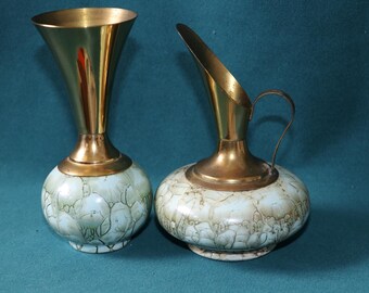 Vintage Delft Holland Brass & Ceramic Bud Vase Set | 1960s Mid-Century Modern Aqua Crackle Glaze Ewer Pitcher Combo