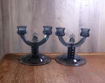 Fenton Art Glass Pineapple candlesticks in a rare smokey, teal blue color