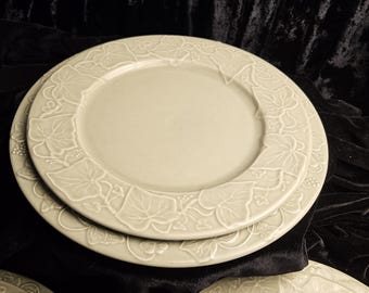 Set of Three (3) Vintage French Varages Sage Green, Embossed Ivy Salad & Dinner Plates