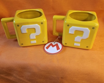 TWO (2) Super Mario Question Block Mugs | Nintendo Gamer Gift | Ceramic Coffee Mug for Geeks | Retro Gaming Desk Decor | 3D Pixel Block Cup
