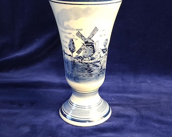 Vintage Hand-Painted Delft Blue Windmill Vase - Authentic Dutch Pottery