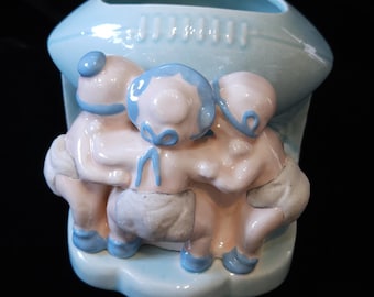 Vintage Kitsch Three Babies in Diapers Around Football Planter/Vase