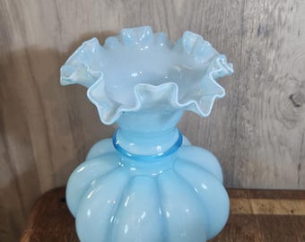 Fenton Blue Overlay Melon vase