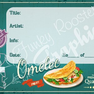 May include: A vintage-style poster advertising an omelet. The poster features a colorful illustration of a folded omelet with vegetables and a green background. The text on the poster reads "Omelet" and "Try It!"