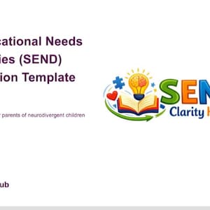 May include: A white background with text that reads "Special Educational Needs and Disabilities (SEND) Communication Template Pack." The image includes the logo for SEND Clarity Hub, with a lightbulb, book, and puzzle pieces.