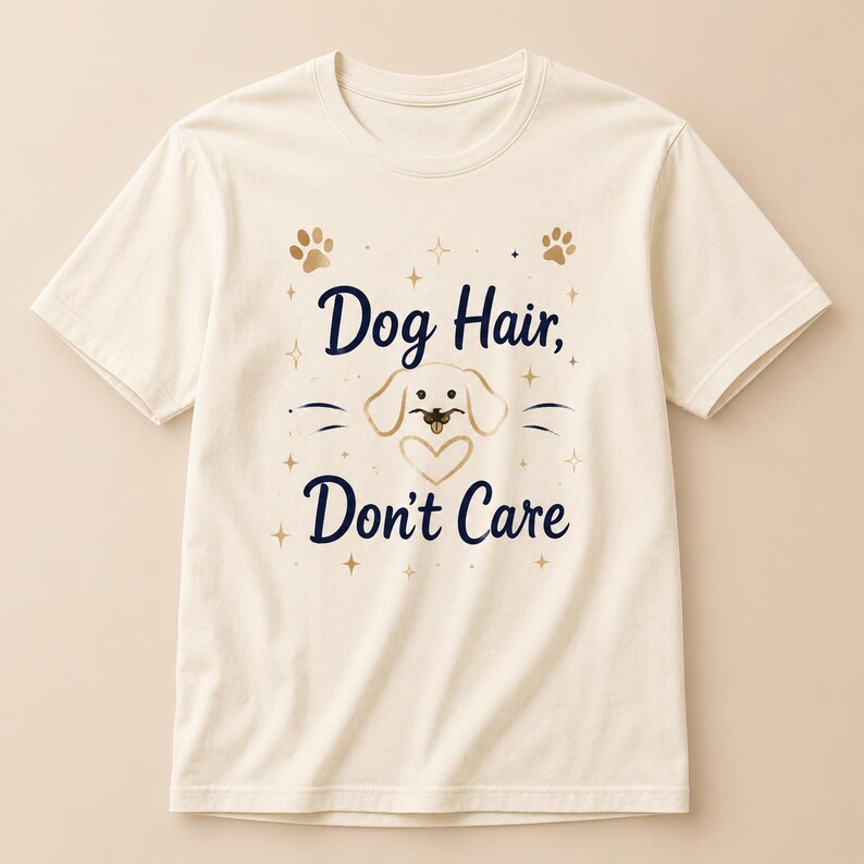 May include: A cream-colored short-sleeve t-shirt featuring the dark blue text "Dog Hair, Don't Care" centered on the chest. The design includes a gold-colored line art illustration of a dog face, a heart, paw prints, and small star accents.