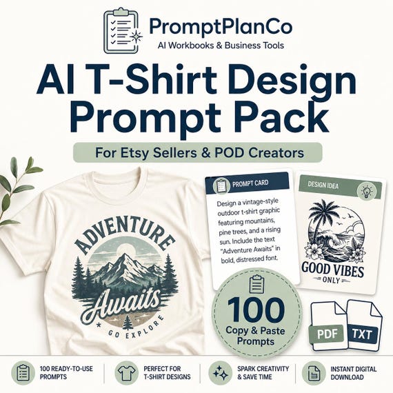 AI T-Shirt Design Prompts for POD Sellers, Etsy Shirt Ideas (Digital Download)