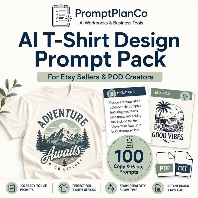 AI T-Shirt Design Prompt Pack by PromptPlanCo showing t-shirt design prompt cards, example shirt ideas and digital files for Etsy and print-on-demand sellers.