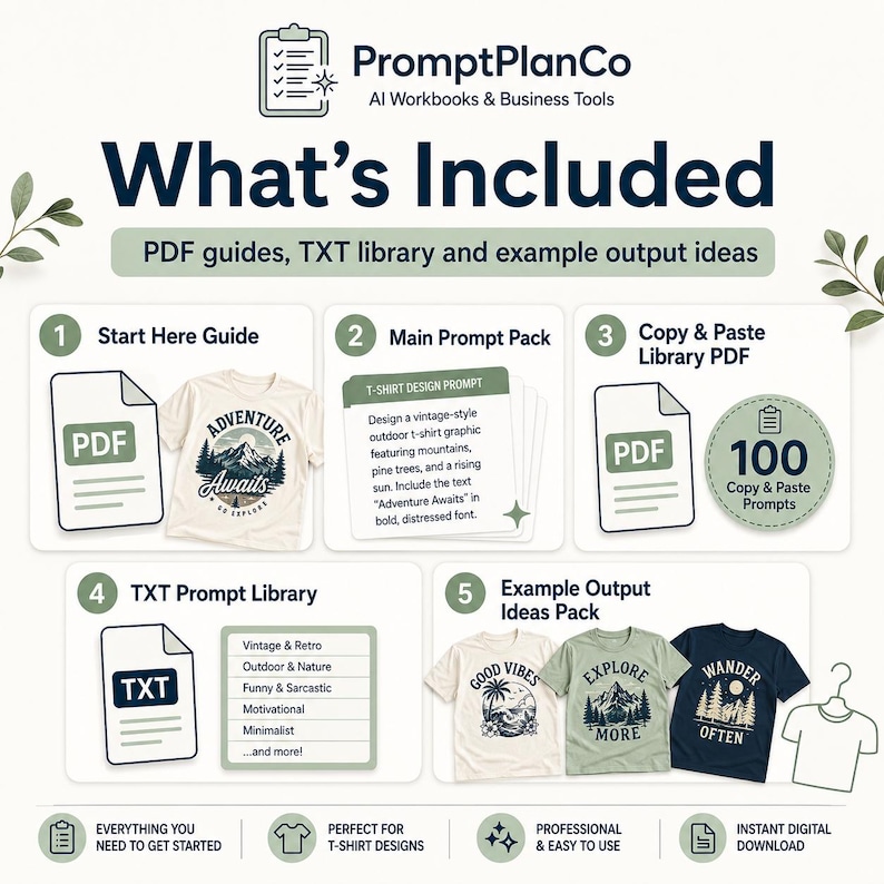 PromptPlanCo AI T-Shirt Design Prompt Pack showing included files such as Start Here Guide, main prompt pack, copy and paste library, TXT file and example output ideas.