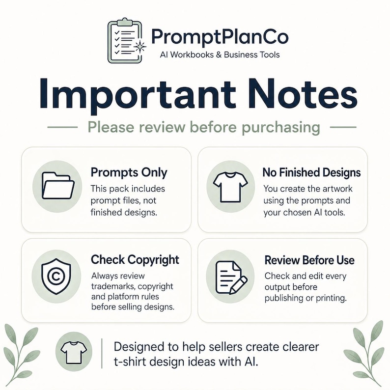 Important notes for AI T-Shirt Design Prompt Pack explaining this is a digital prompt product, not finished artwork, and results should be reviewed carefully.