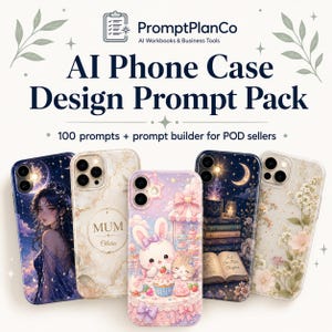 May include: A digital product display titled PromptPlanCo AI Phone Case Design Prompt Pack featuring 100 prompts and a prompt builder for POD sellers. Five phone cases are shown with designs including a celestial figure, marble, a bunny, books, and flowers.