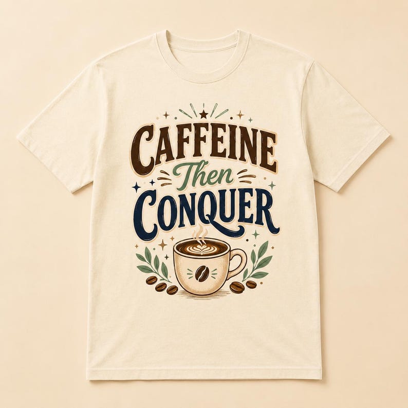 May include: A cream-colored short-sleeve t-shirt featuring a graphic design with the text CAFFEINE Then CONQUER in brown and dark blue lettering. Below the text is a coffee cup illustration with steam, surrounded by green leaves and coffee beans.