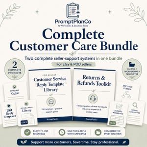 Könnte beinhalten: Ein digitales Produktbündel mit dem Titel Complete Customer Care Bundle von PromptPlanCo, das zwei Hauptleitfäden enthält: Customer Service Reply Template Library und Returns & Refunds Toolkit, begleitet von verschiedenen kleineren Karten für Leitfäden, Arbeitsbücher und Vorlagen.