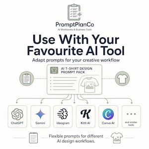 Use with your favourite AI tool image showing AI design prompts for ChatGPT, Gemini, Ideogram, Kittl AI, Canva AI and similar creative tools.