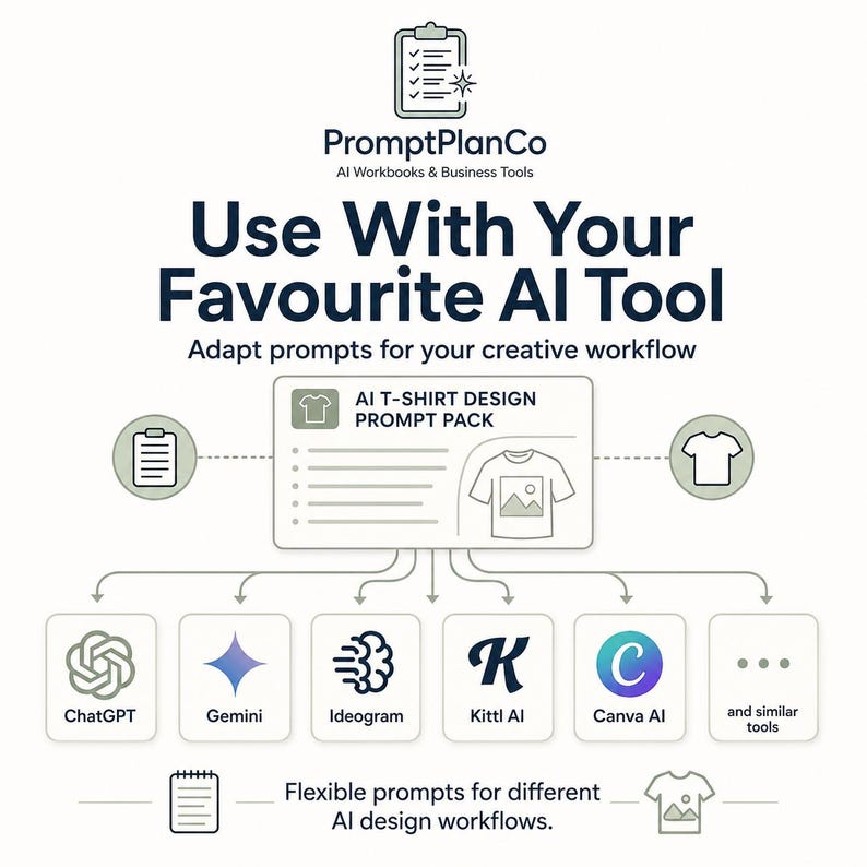 Use with your favourite AI tool image showing AI design prompts for ChatGPT, Gemini, Ideogram, Kittl AI, Canva AI and similar creative tools.