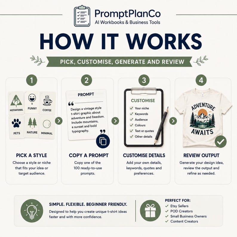 How It Works image for AI T-Shirt Design Prompt Pack showing steps to pick a prompt, customise details, generate ideas and review outputs before use.